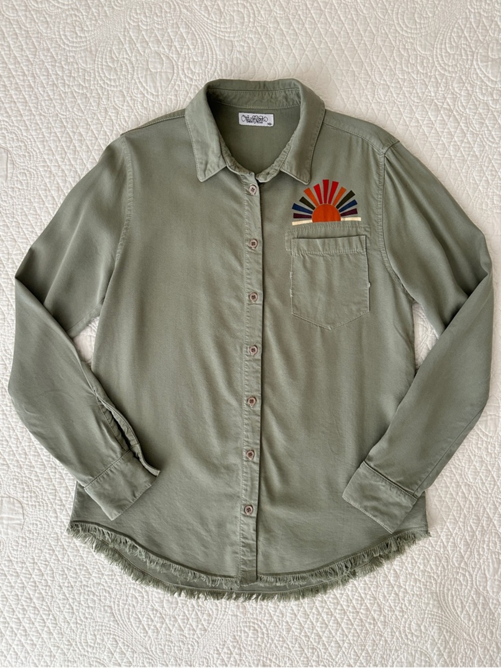 Lauren Moshi Sloane Long Sleeve Button Down Shirt Rainbow Sun Peace Sign